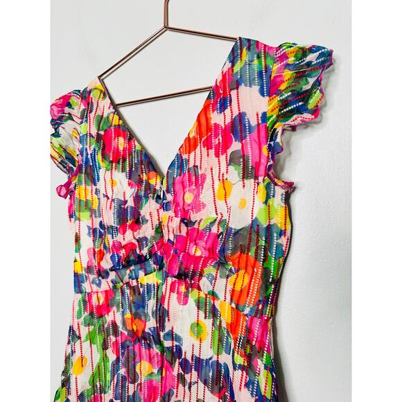 SALONI Pink Printed Silk Flutter Sleeves V-Neckline Ruffled Skirt Catia Dress 4 - Picture 8 of 15